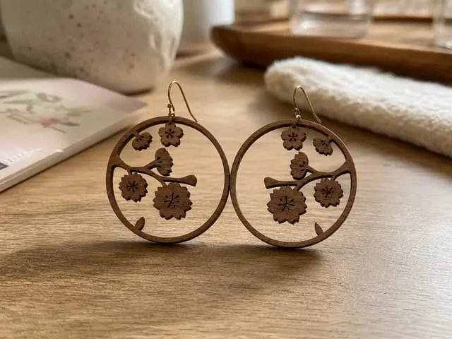 Circular wooden cherry blossom branch earrings