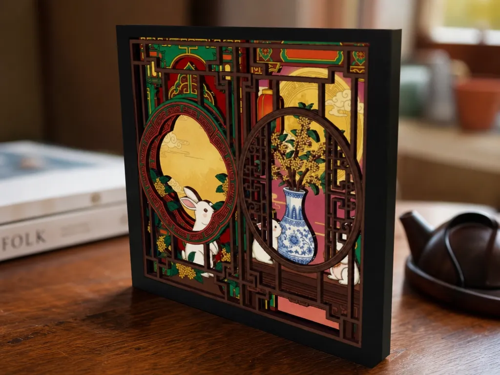 3D Ornament of Rabbit Vase in Chinese-style Window Lattice Paper-cutting Design