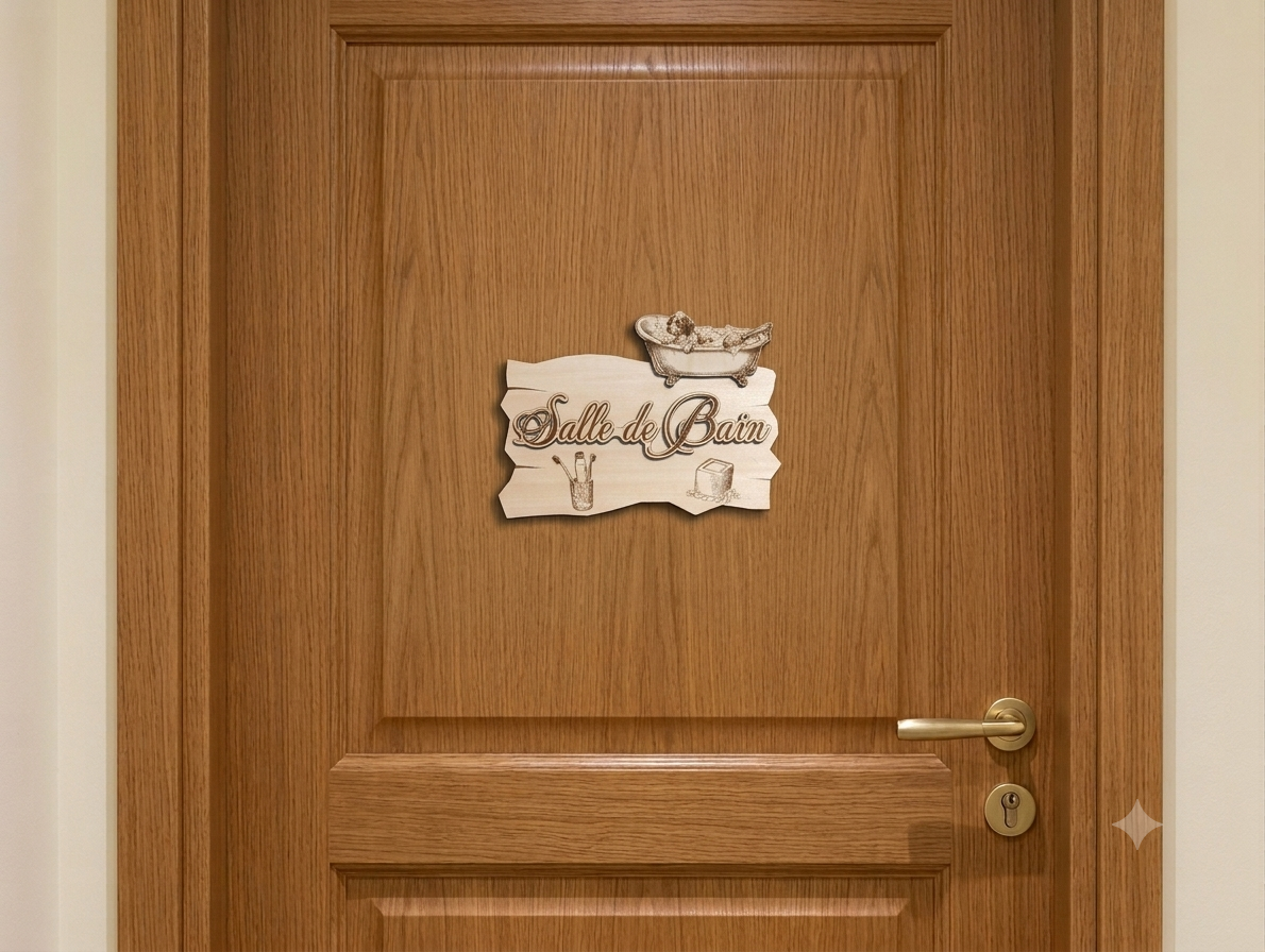 [Laser cut and engrave] Plaque murale en bois Salle de Bain avec illustration de chien dans une baignoire