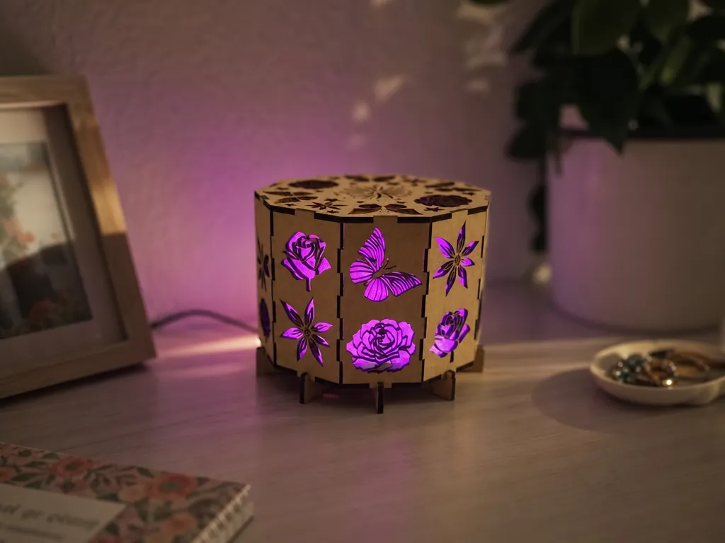 Octagonal wooden lamp with floral and butterfly cutouts