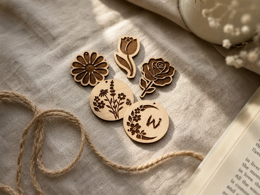 Floral Initial Pendant and Botanical Wood Charms