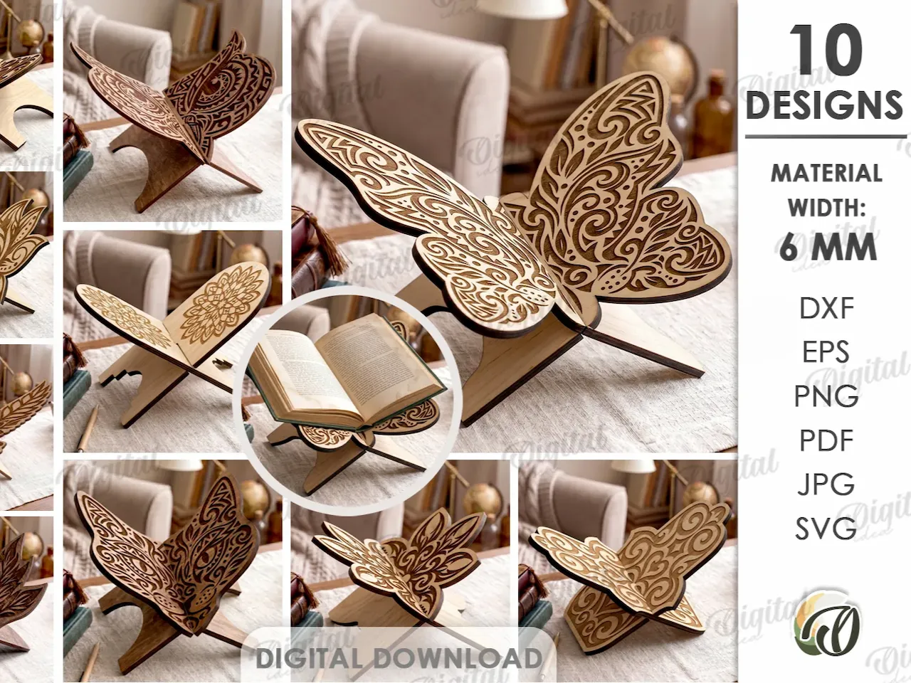 [Laser cut and engrave] 3D Book Holders Bundle. Cookbook Rest Laser Cut Files. Wooden Open Book Display. Animals SVG. Mandala. Floral. Book Stand. Library Decor