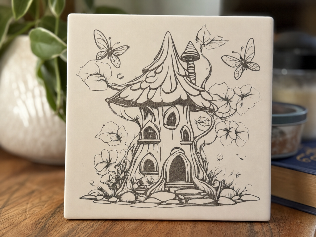 Ceramic Tile Featuring Whimsical Fairy Mushroom House and Butterfly Illustration