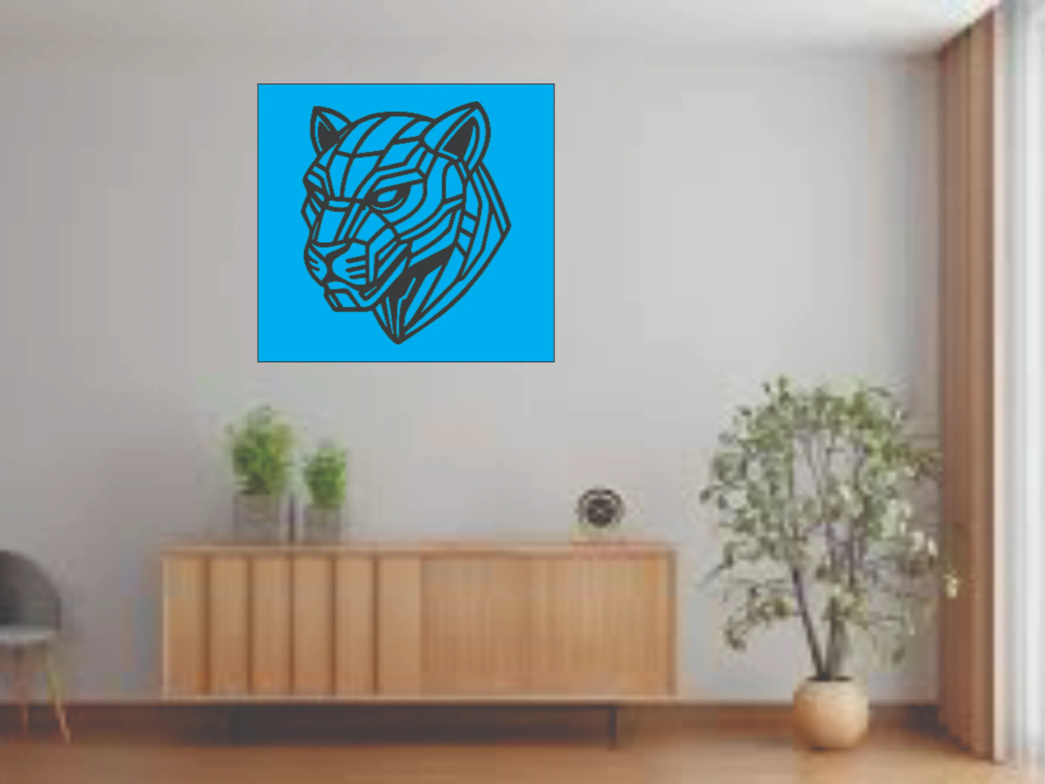 Geometrischer Linien-Pantherkopf in Schwarz auf einem leuchtend zyanblauen quadratischen Panel