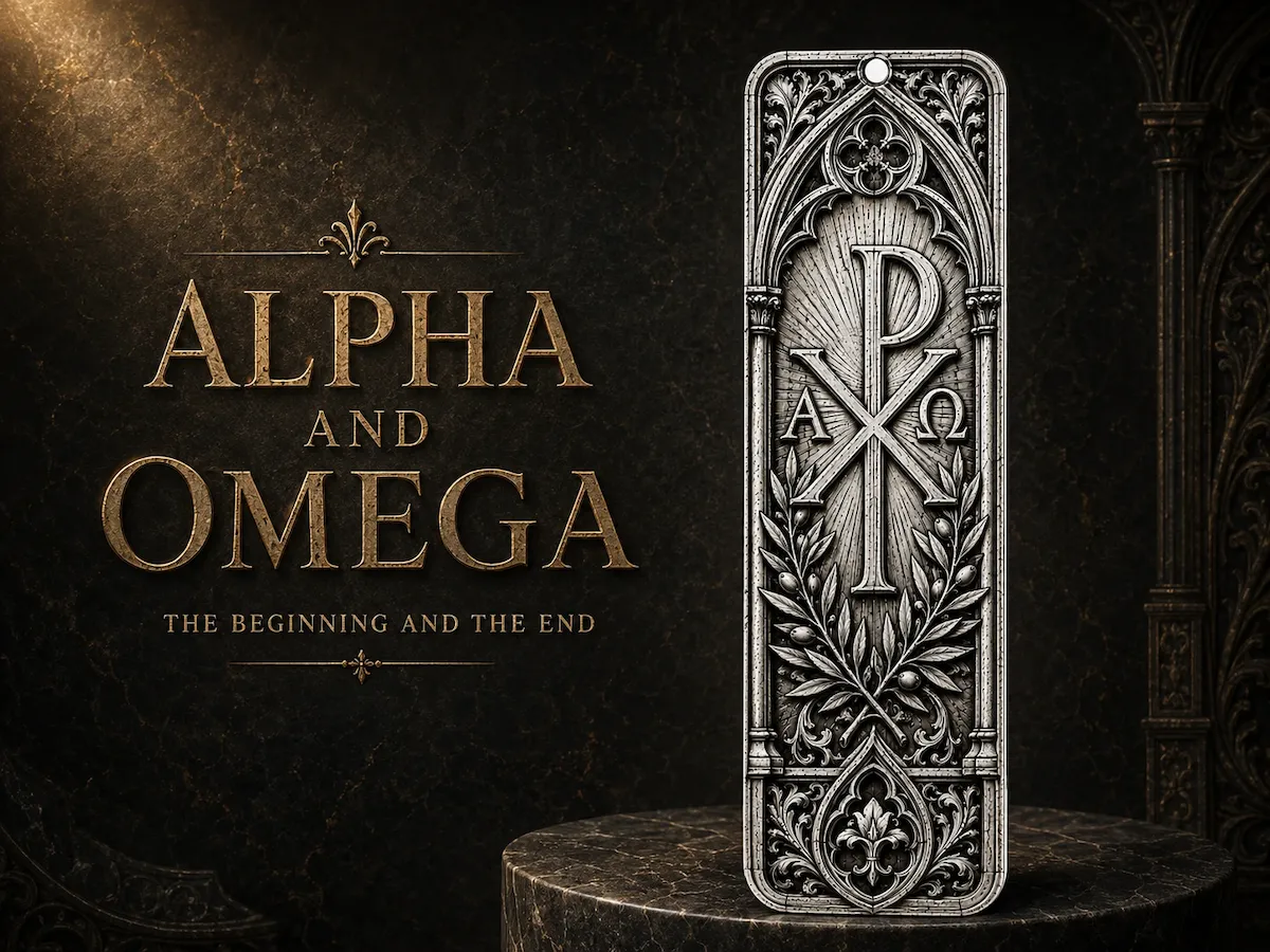 [Laser cut and engrave] Chi Rho Alpha and Omega Gothic Wall Plaque