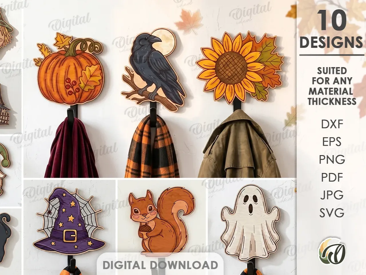[Laser cut and engrave] Halloween Coat Hooks Bundle. Fall Wall Hook Laser cut Files. Rustic Autumn Home Decor. Pumpkin SVG. Ghost. Raven. Farmhouse