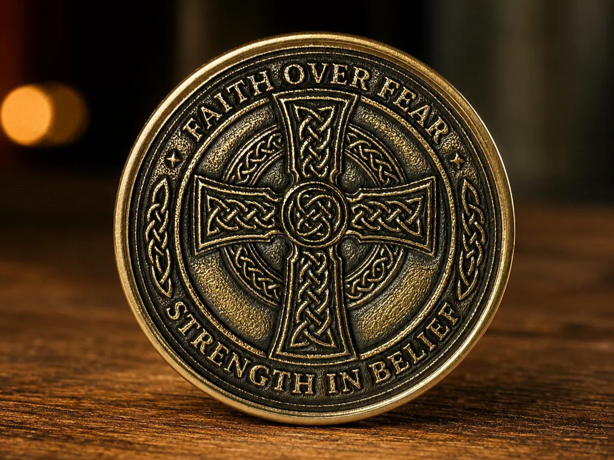 Faith Over Fear Celtic Cross Brass Challenge Coin