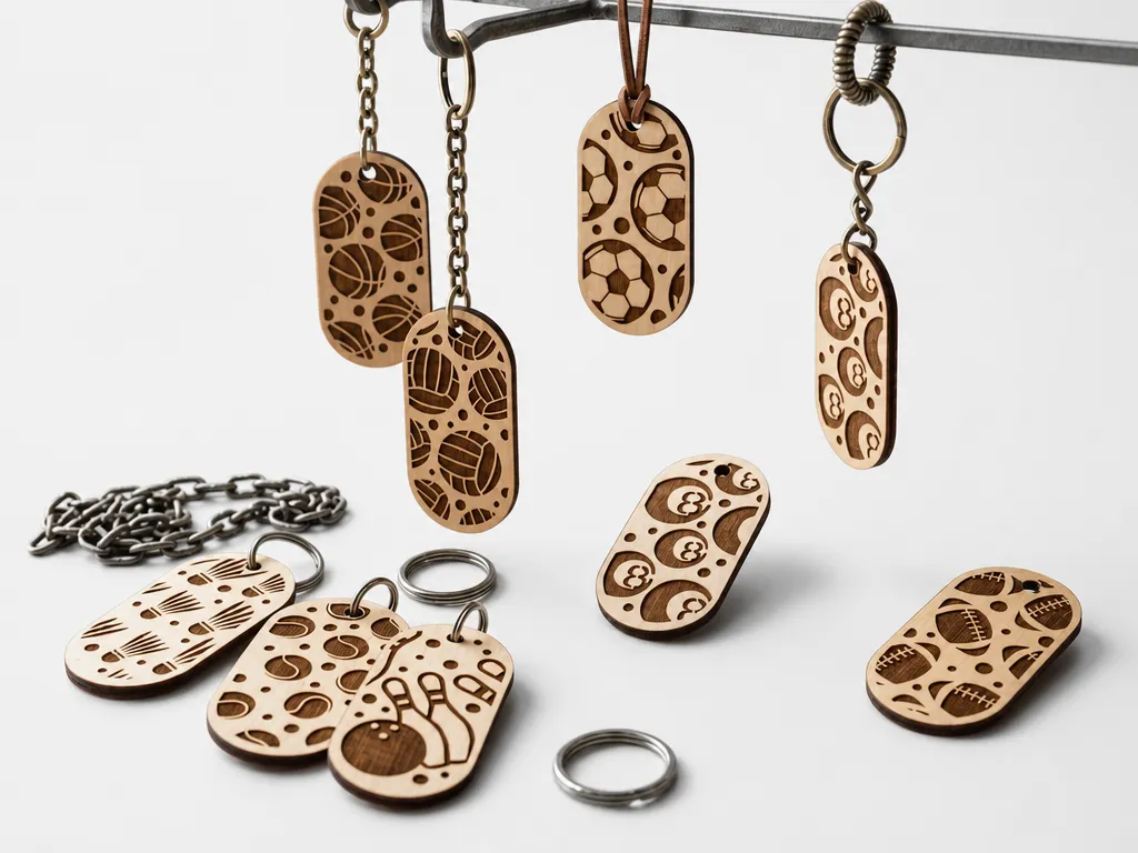 Sports Themed Wooden Keychain Tags with Ball and Equipment Patterns