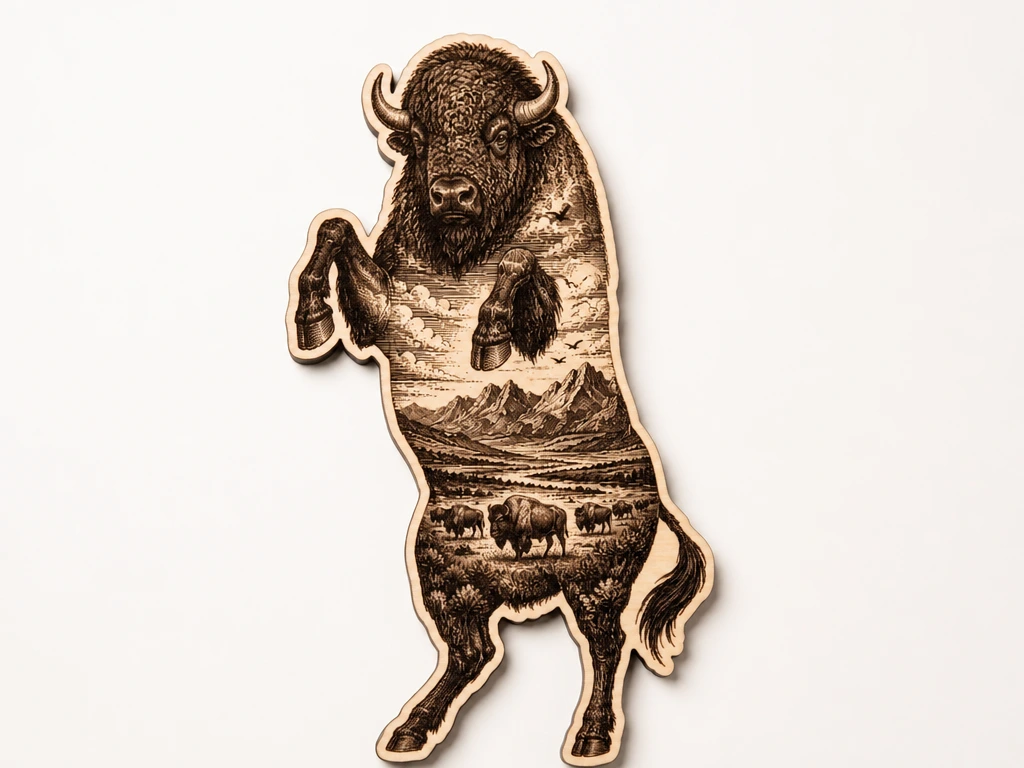 Rearing Bison Wall Art with Mountain Landscape Silhouette