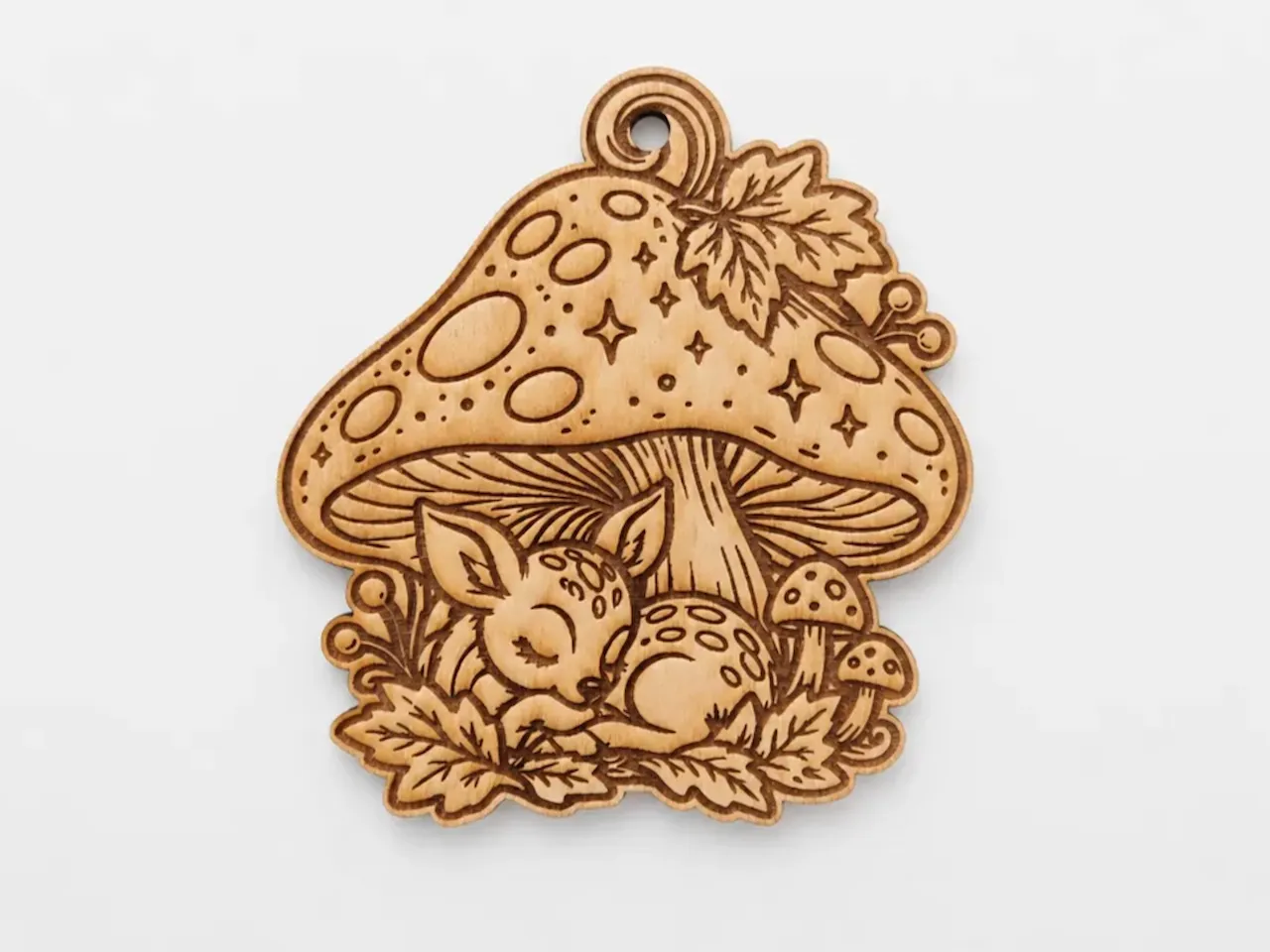 [Laser cut and engrave] Ornement en bois avec faon endormi sous un champignon