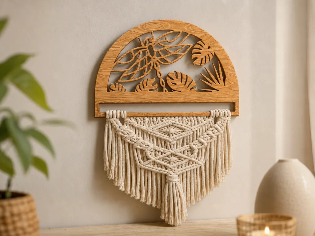 Dragonfly and Monstera Leaf Wooden Wall Hanging with Macrame Tassel