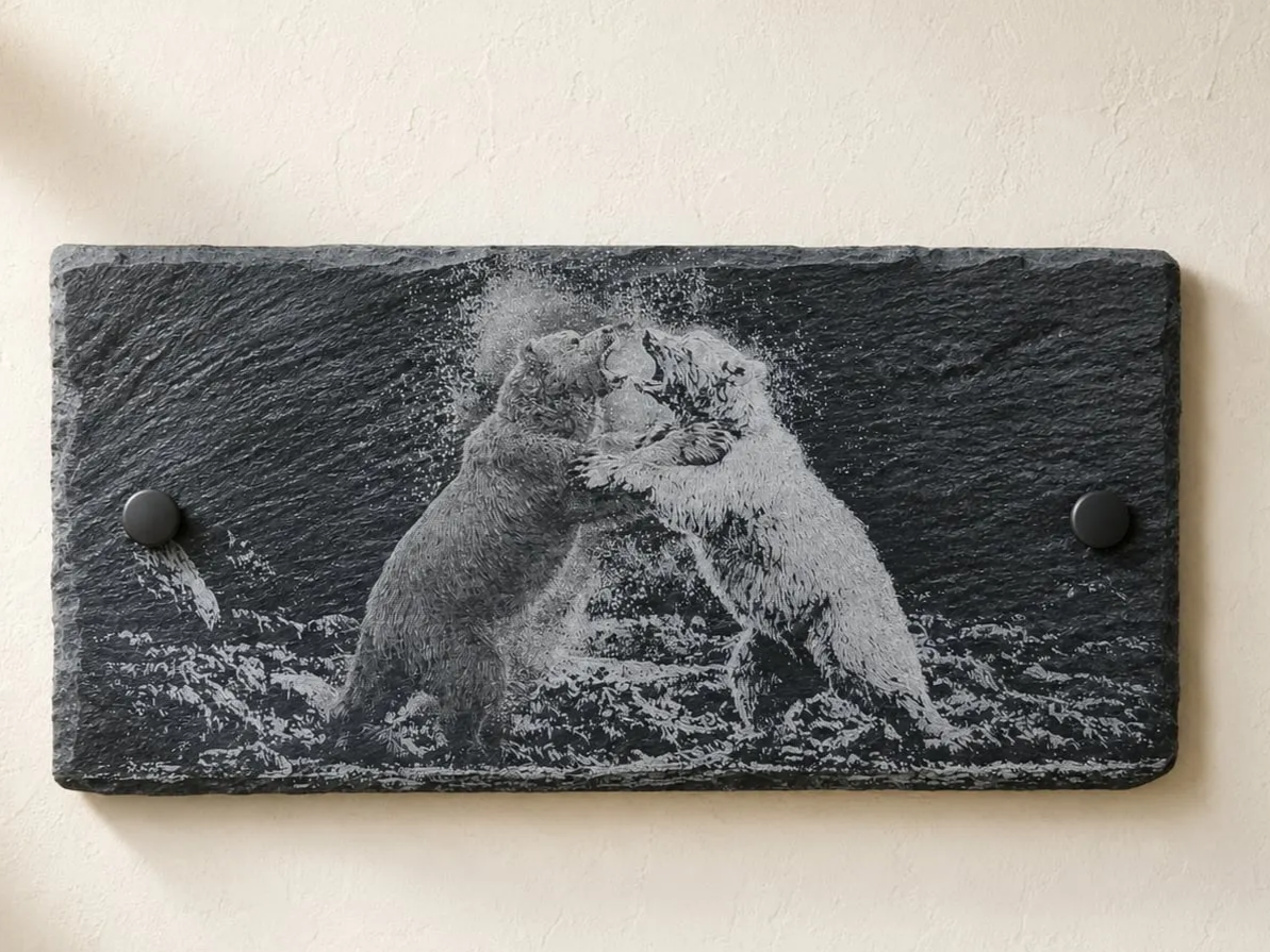 Spirit Bear and Bear Fighting Near the Shore – Slate Engraving