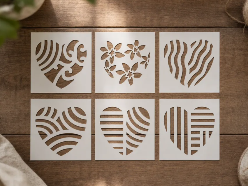 Set of Heart Pattern Stencils with Floral and Geometric Designs
