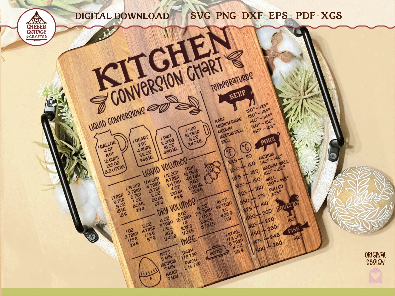 Kitchen Conversion Chart Cutting Board with Liquid and Dry Measurement References