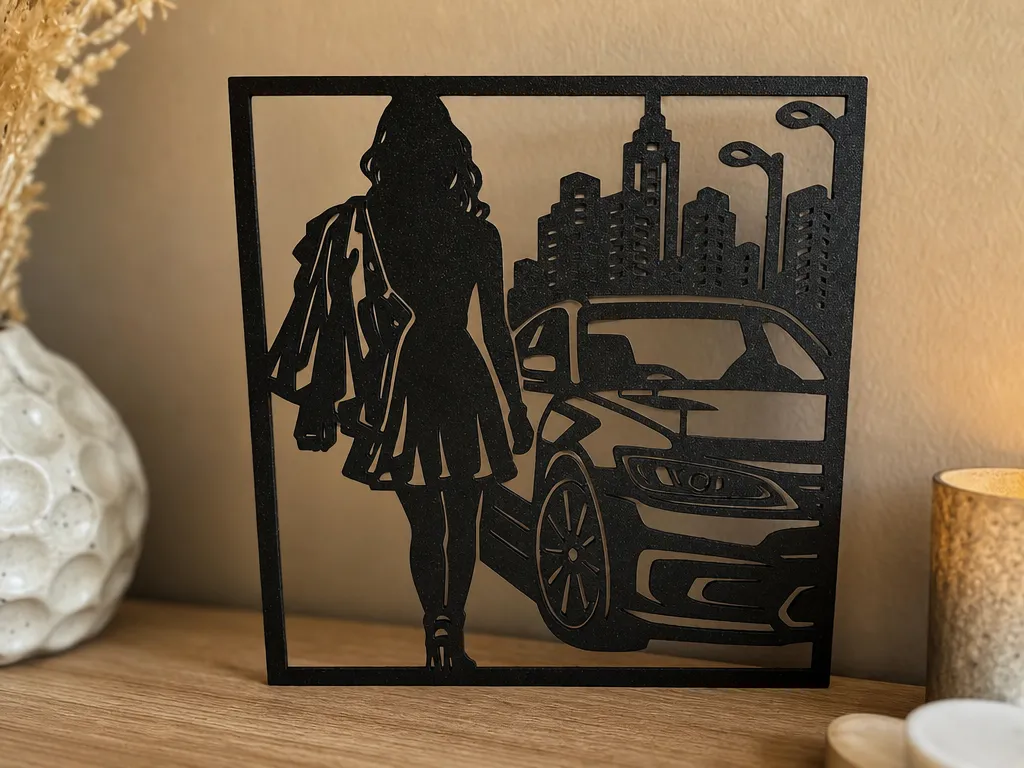 Black Silhouette Wall Art Featuring a Woman and Sports Car in the City