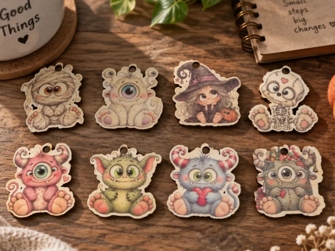 [Laser cut and engrave,Inkjet printing] Adornos colgantes de madera con ilustraciones de monstruos tiernos para Halloween