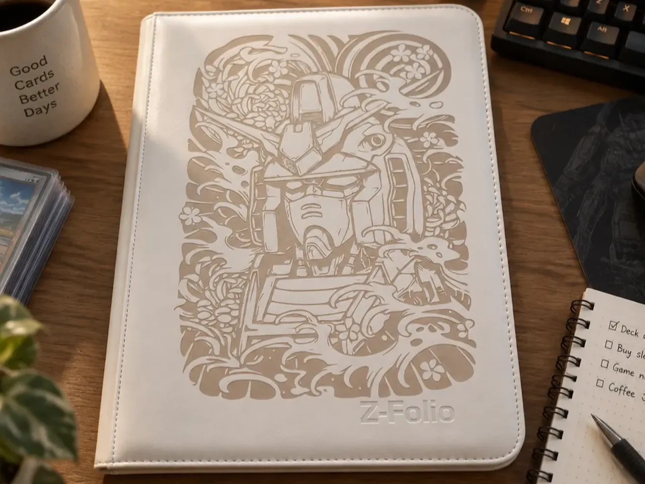 [Laser cut and engrave] White Z-Folio Trading Card Binder with Gundam Mecha Illustration