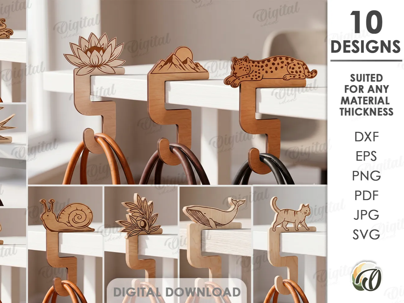 Bag hook hangers bundle. Portable purse holder laser cut files. Animals svg. Floral. Table edge handbag hanger, office decor