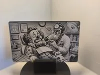 [Laser cut and engrave] Schwarz-Weiß-Bild eines Zahnarztes bei der Behandlung eines Clowns