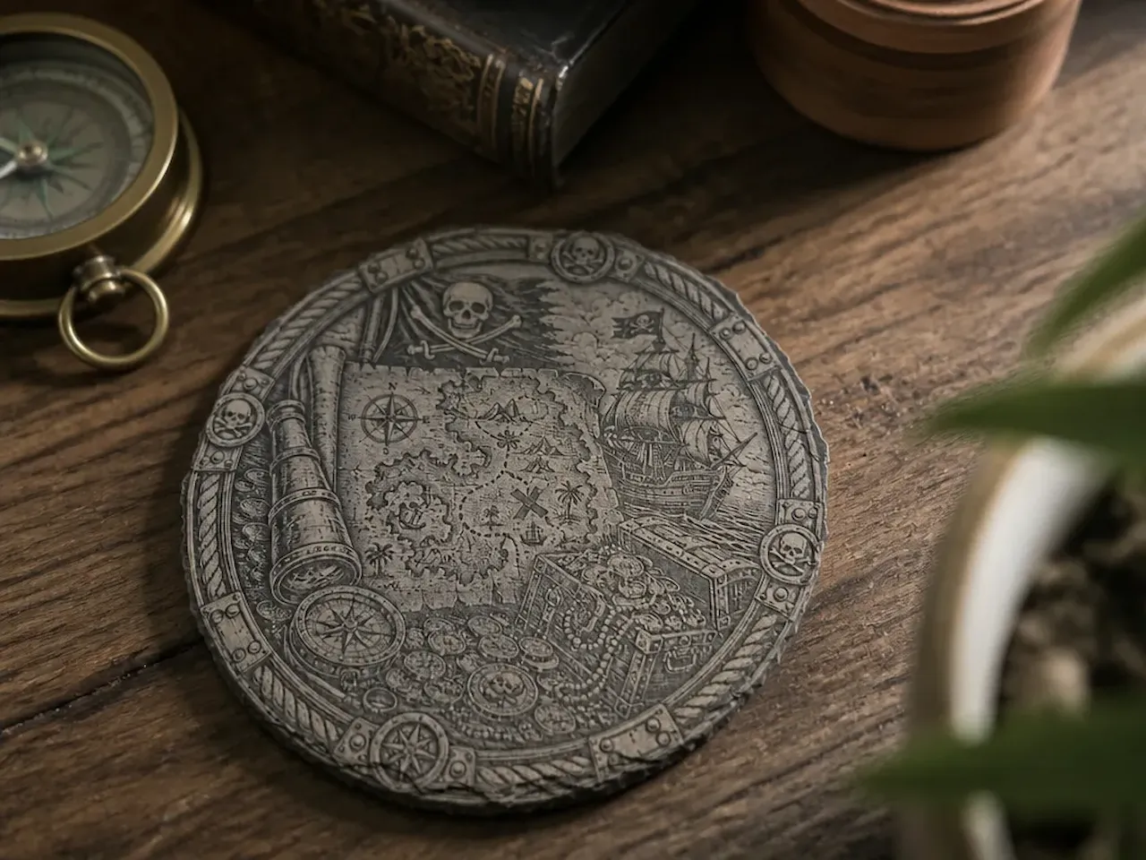 [Laser cut and engrave] Runder Untersetzer mit detaillierter Piraten-Schatzkisten-Gravur