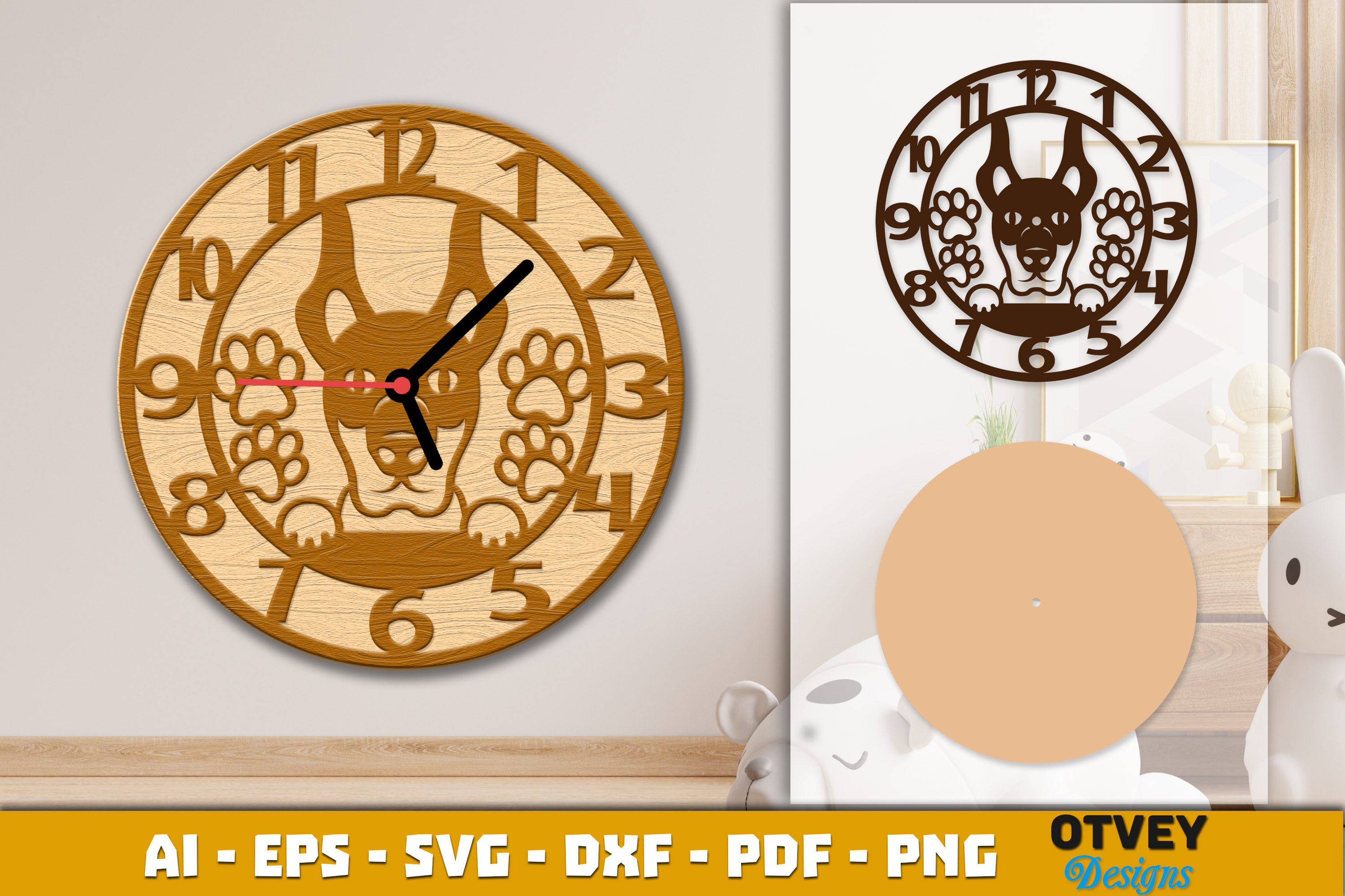 [Laser cut and engrave] Wooden Dog Wall Clock Lasercut 12 Designs