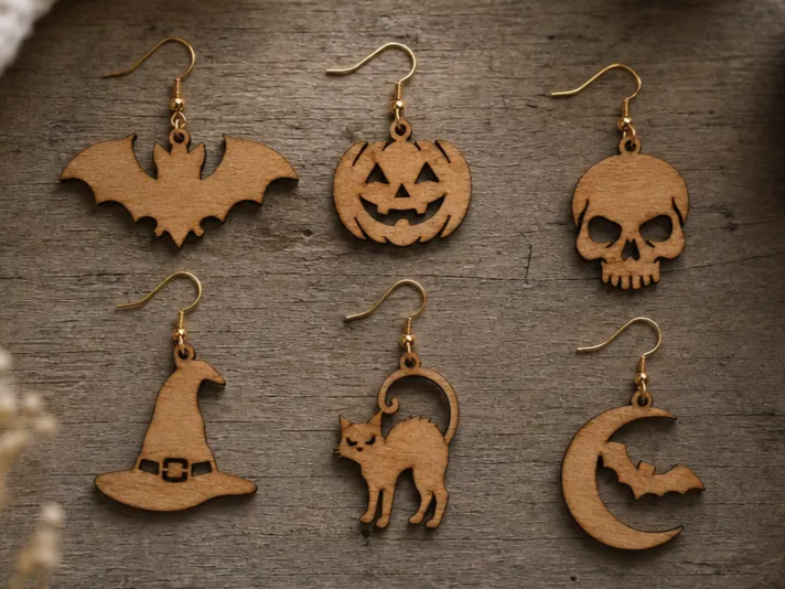 Halloween Themed Wooden Dangle Earrings Featuring Bat, Pumpkin, Skull, Witch Hat, Cat, and Moon
