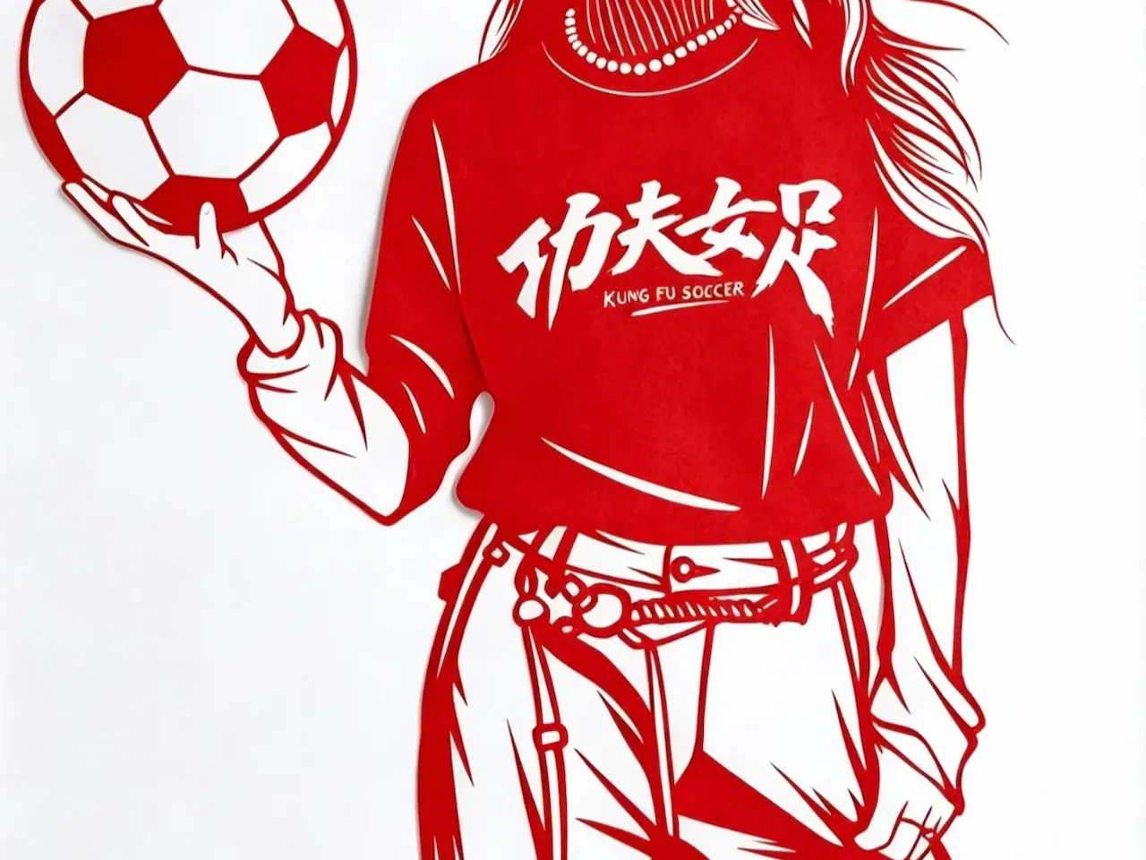 [Laser cut and engrave] 功夫足球主题红色剪纸风格人物插画