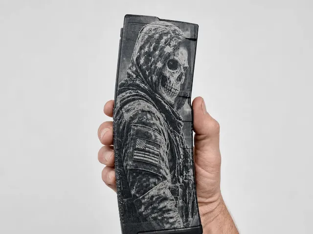 Tactical magazine featuring a skull soldier with an American flag patch