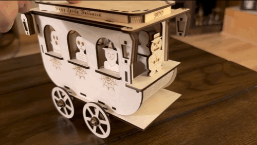 [Laser cut and engrave] Happy Spooky Halloween Wooden Carriage with Ghost Skeleton and Witch Figures