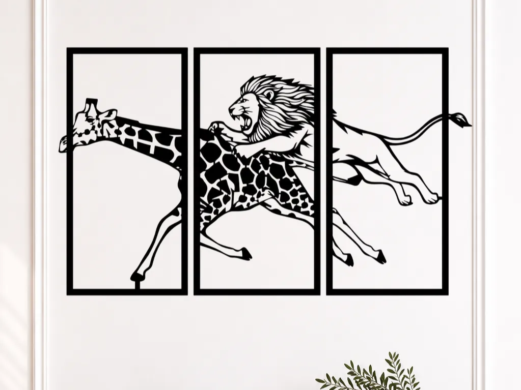 Safari Wall Art SVG, Lion and Giraffe Wall Decor, Animal Triptych SVG, African Wildlife Wall Art, Modern Animal Panel
