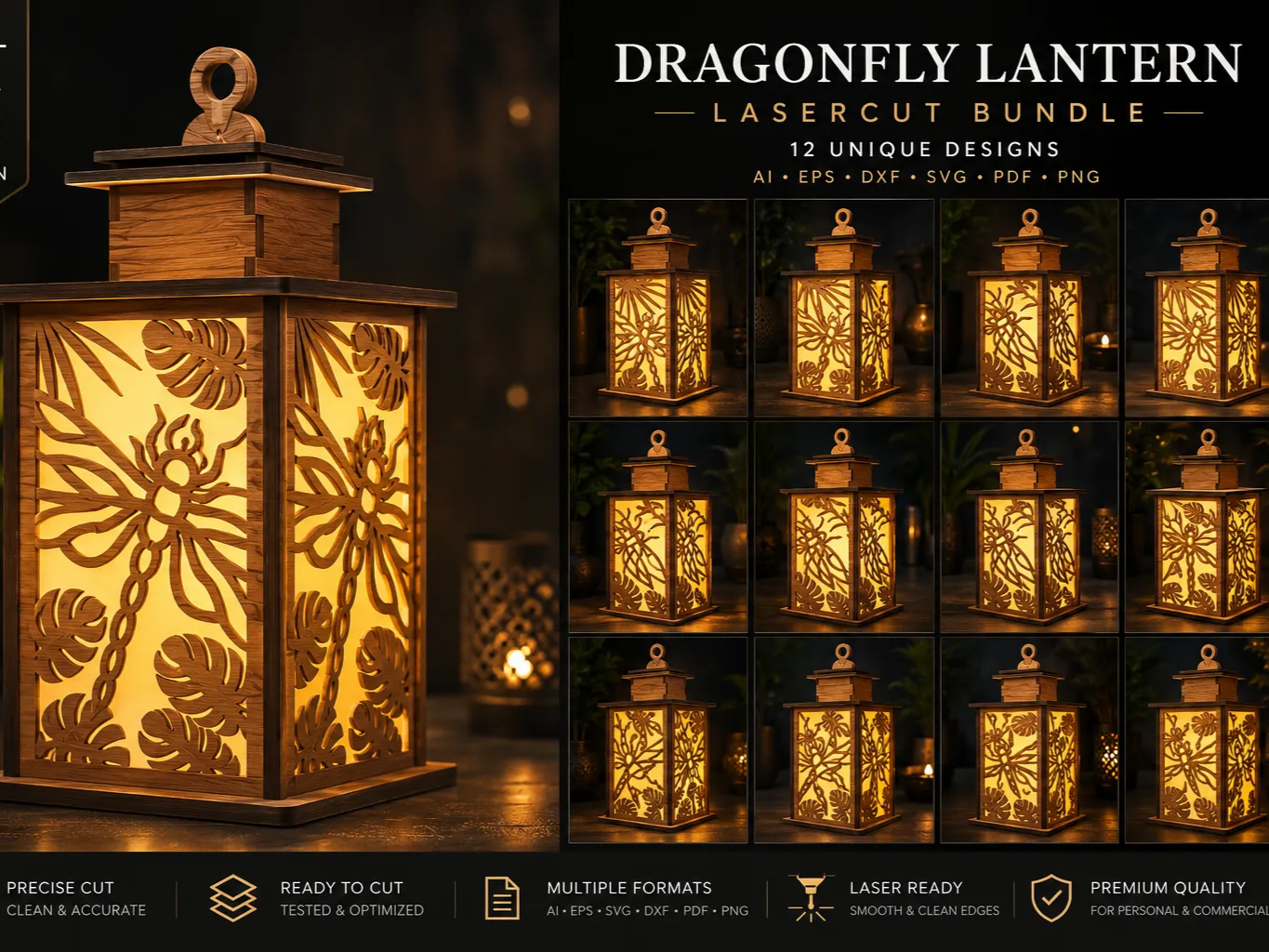 Dragonfly and Tropical Leaf Patterned Wooden Lantern