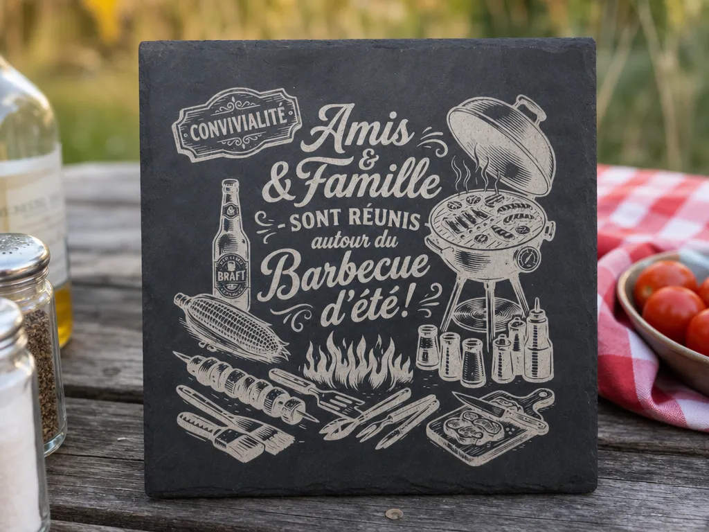 Plaque en ardoise avec illustration de barbecue pour amis et famille