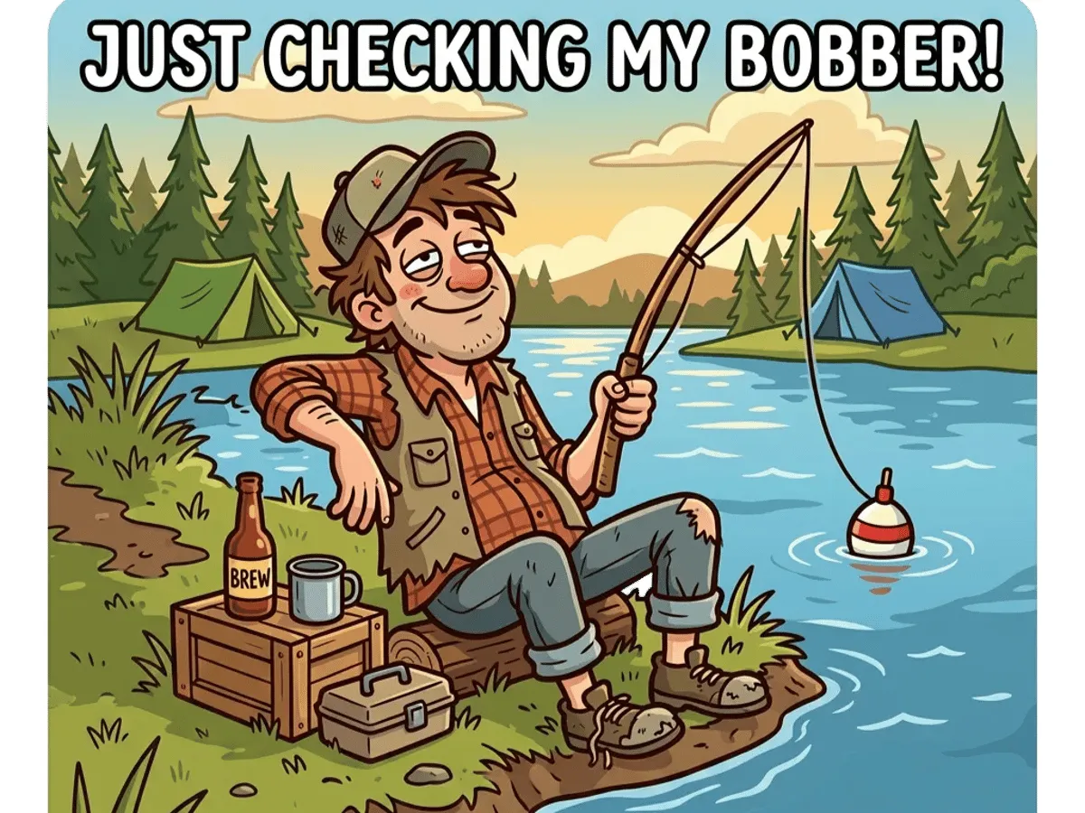 [Laser cut and engrave,Screen printing] Cartoon Fisherman Illustration with Just Checking My Bobber Text