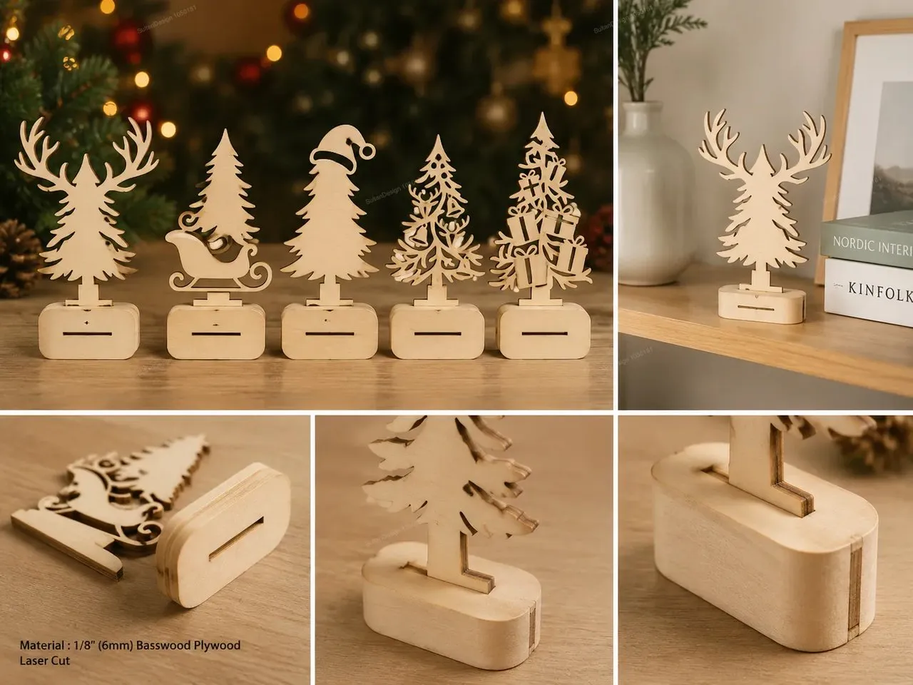 [Laser cut and engrave] Freestanding Christmas Tree Reindeer & Santa Ornament