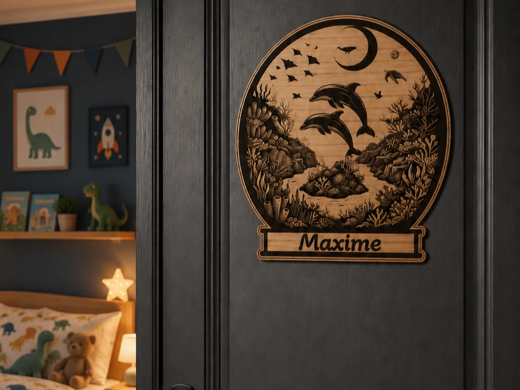Plaque de porte personnalisée avec dauphins pour chambre d'enfant