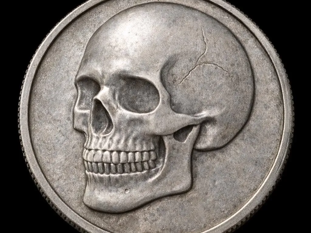 Silver coin featuring a detailed human skull relief