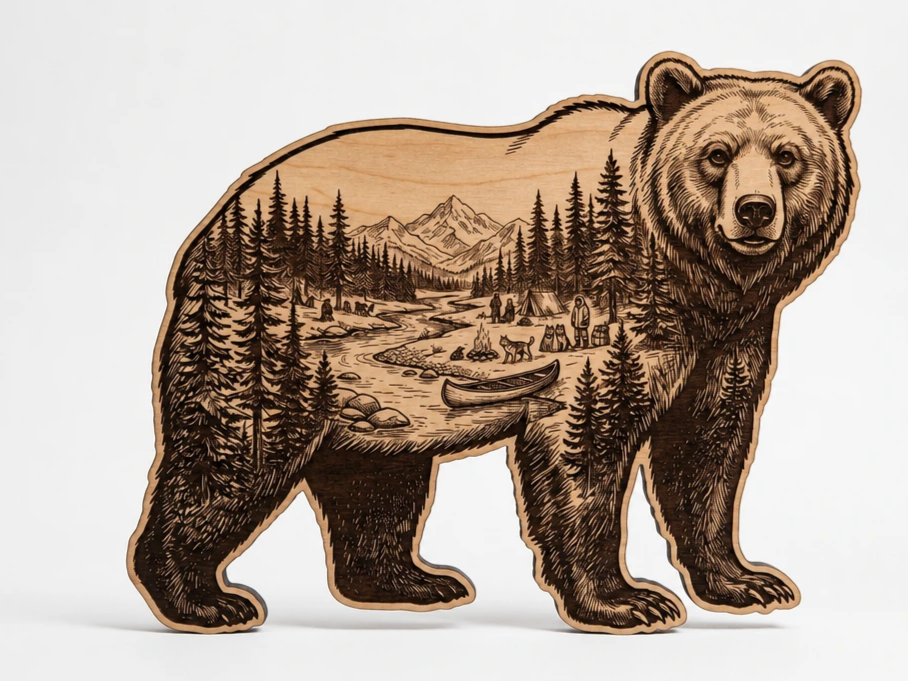 Bear Shaped Wall Art Featuring Mountain Forest Landscape and Camping Scene