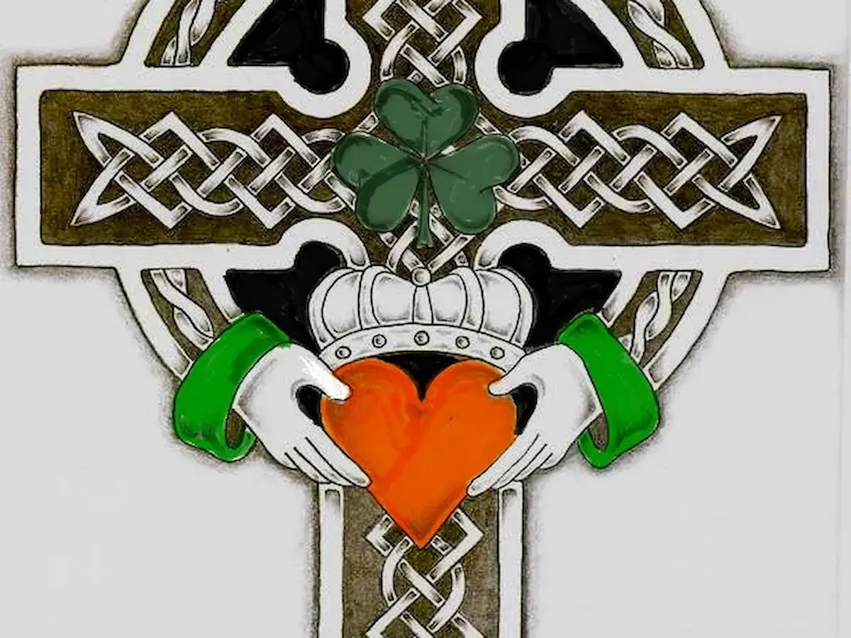 [Laser cut and engrave] Claddagh symbol with shamrock and Celtic cross illustration