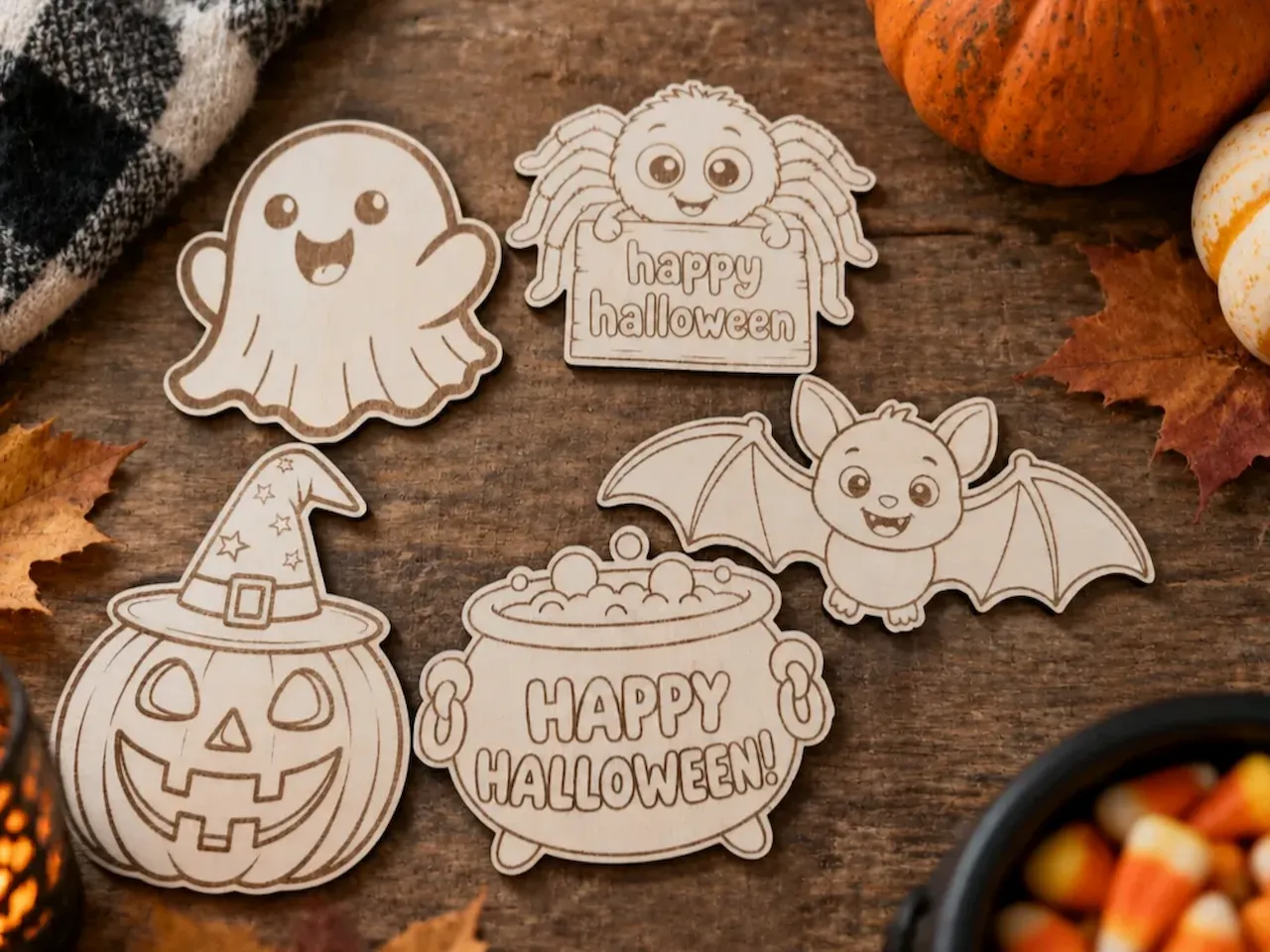[Laser cut and engrave] Halloween Ghost, Spider, Bat, Pumpkin, and Cauldron Wooden Cutouts