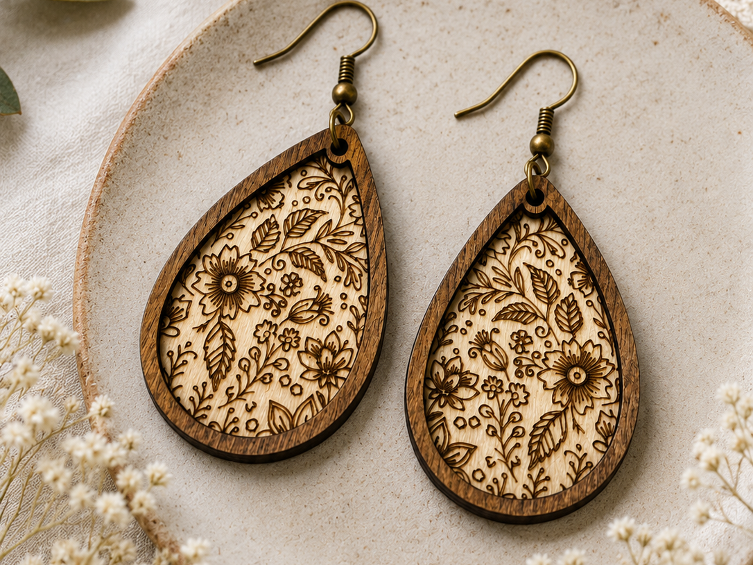 Intricate Floral Pattern Wooden Earrings