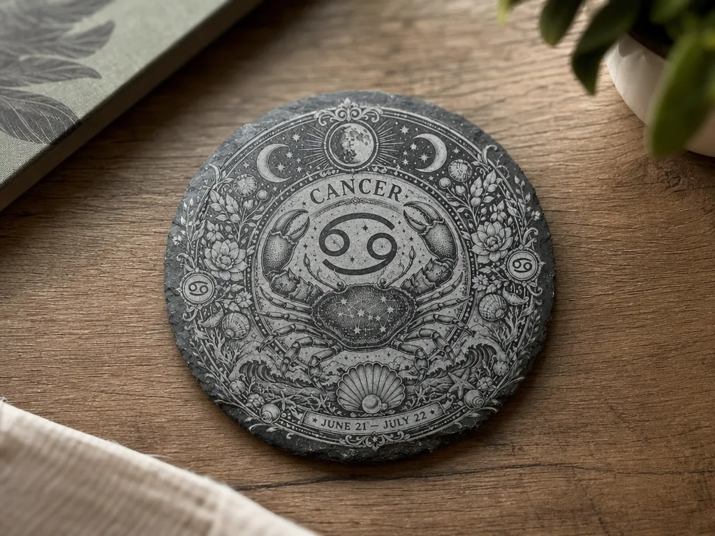 Cancer Zodiac Sign Slate Coaster with Crab and Celestial Motif
