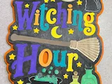 [Laser cut and engrave] Witching Hour Halloween Sign with Witch Hat, Cat, and Cauldron