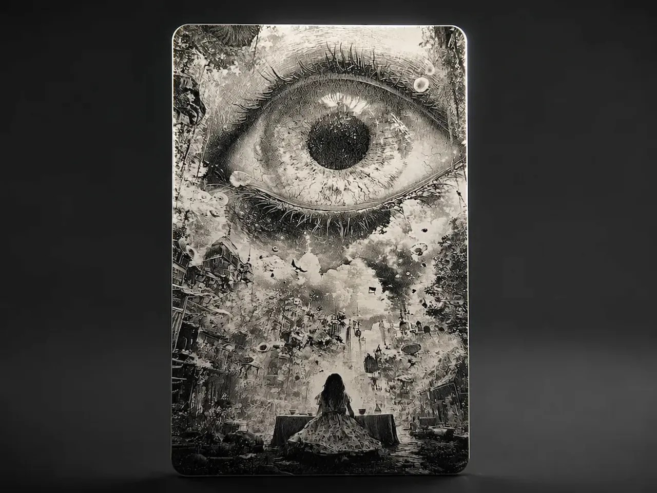 [Laser cut and engrave] Metallplatte mit surrealem Kunstwerk von einem Mädchen und einem riesigen Auge