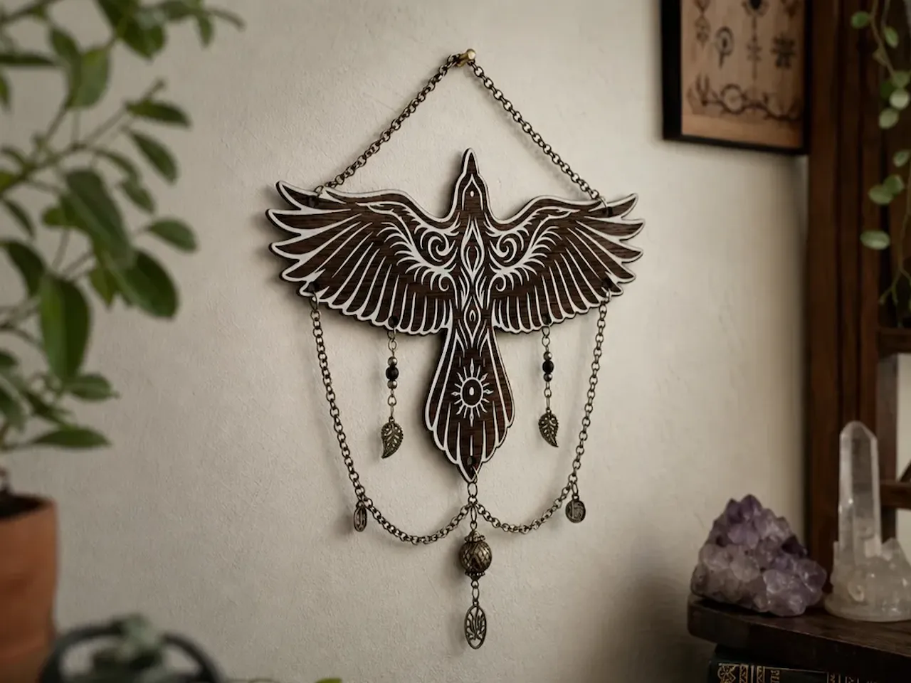 [Laser cut and engrave] Raven Wall Hanging with Ornate Chain Accents