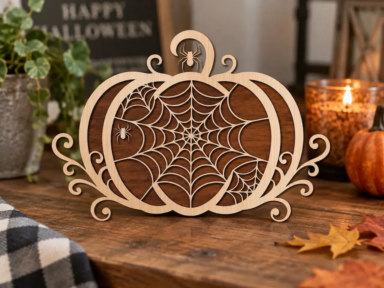 [Laser cut and engrave] Halloween Pumpkin Tabletop Sign with Spiderweb Motif – Laser Cut Design
