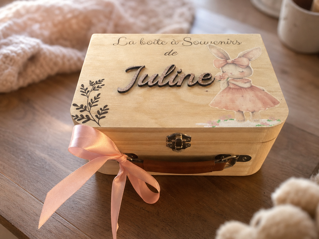 Boîte à souvenirs en bois personnalisée motif lapin