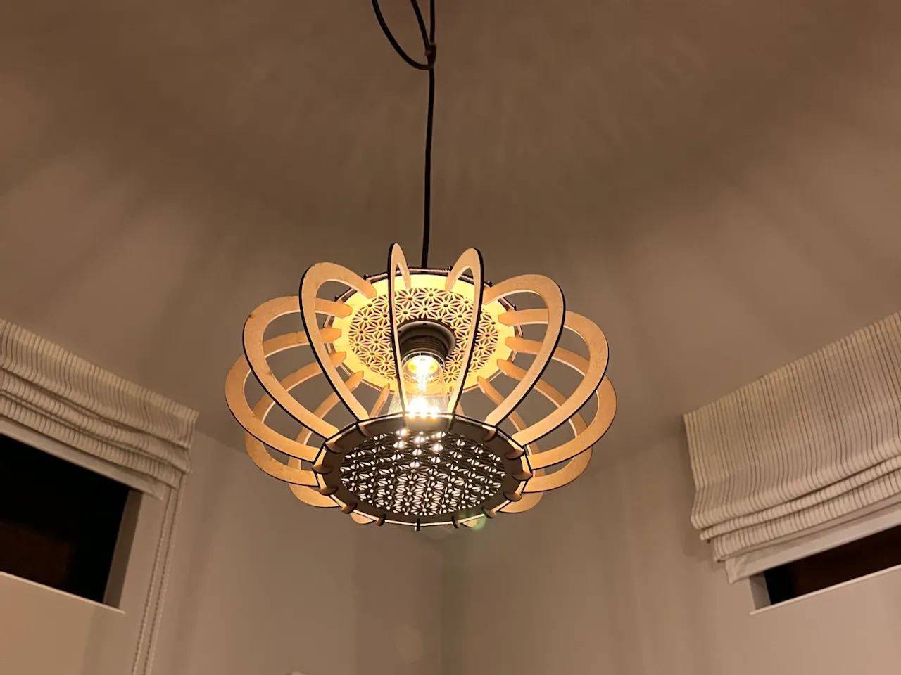 [Laser cut and engrave] Geometric Wooden Pendant Light with Intricate Mandala Pattern