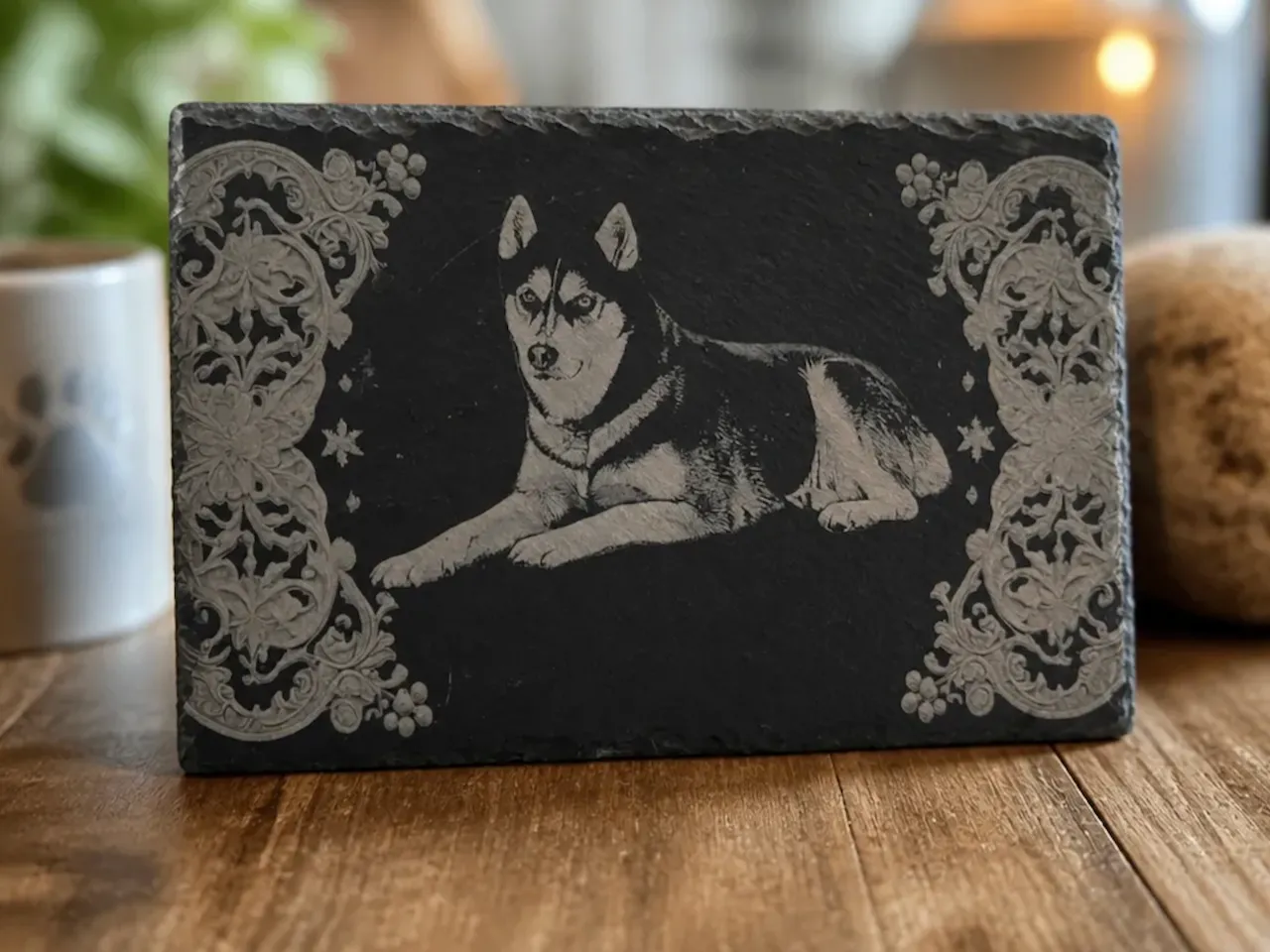 [Laser cut and engrave] Siberian Husky Portrait on Rectangular Slate Plaque