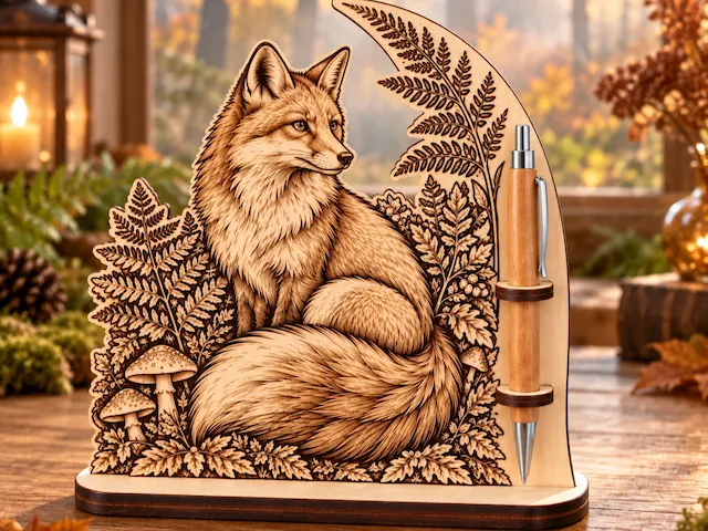 Porte-stylo en bois avec illustration de renard et fougères