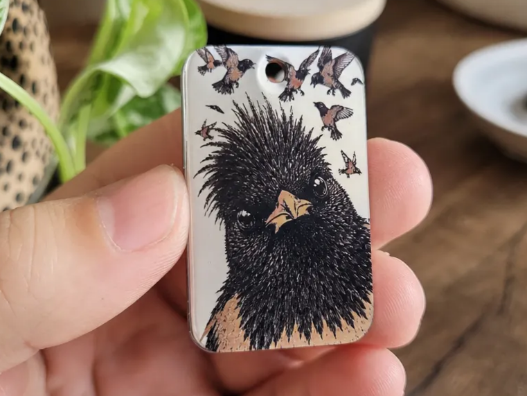 Rosy Starling Bird Color Engraving with xTool F2 Portable on Polished 304 Stainless Steel for Pendants & Keychains
